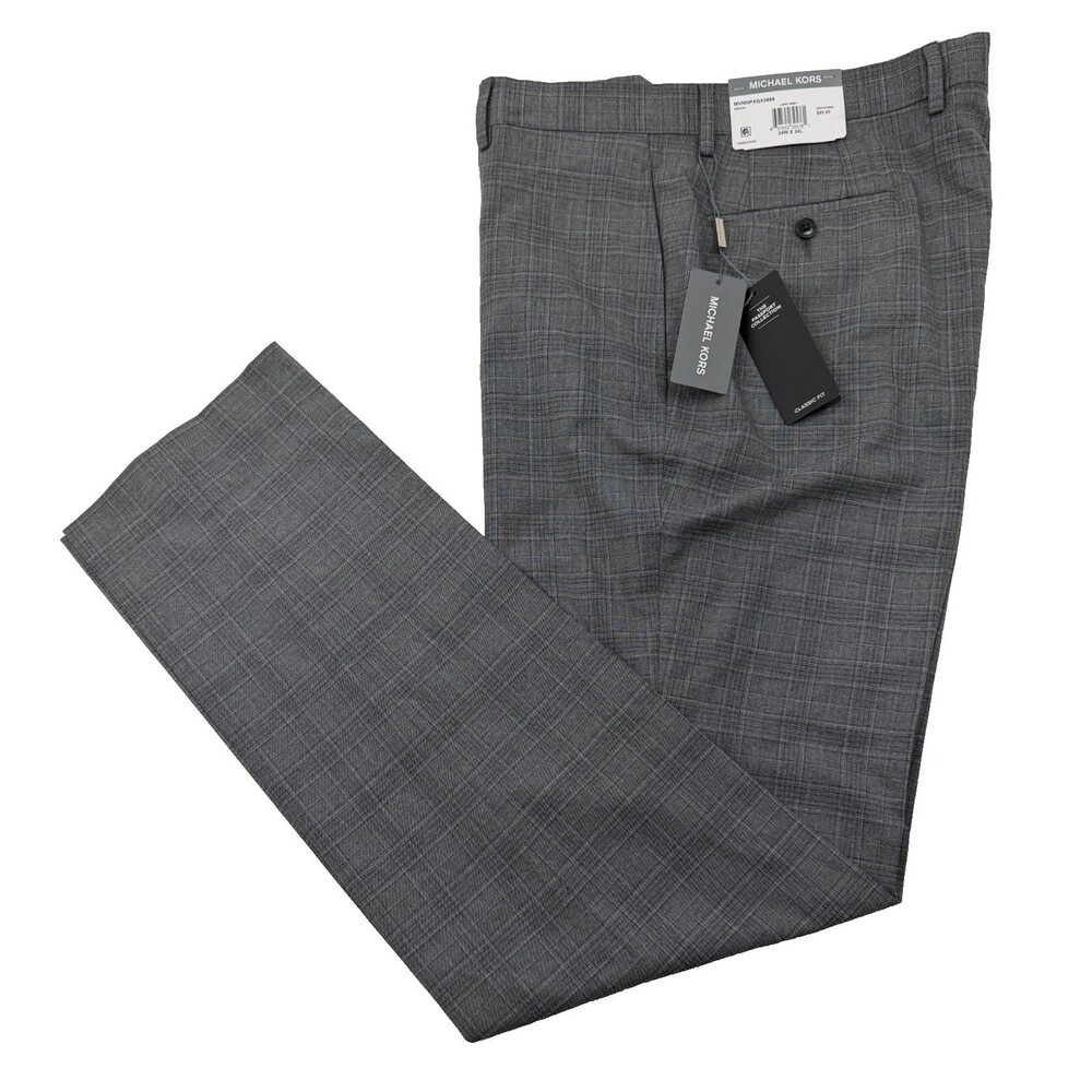 $95 NEW MICHAEL KORS MENS 34X34 GRAY PLAID STRETCH TROUSERS DRESS PANTS SLACKS